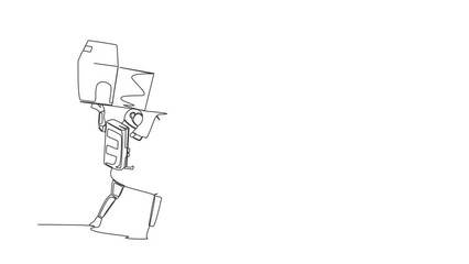 Poster - Self drawing animation of continuous line draw of astronaut carrying heavy pile of box on his back. Frustration spaceman with stack of cardboard. Cosmonaut deep space. Full length one line animation
