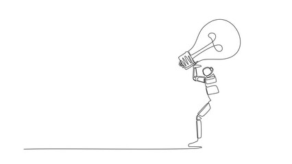 Poster - Animated self drawing of continuous line draw of astronaut carrying heavy light bulb on his back. Losing idea or vision in spaceship company. Cosmonaut outer space. Full length single line animation