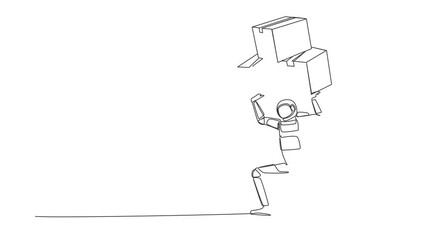 Poster - Animated self drawing of continuous line draw astronaut carrying heavy pile of box on his back. Overworked spaceman with stack of cardboard. Cosmonaut outer space. Full length single line animation