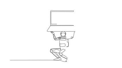 Poster - Animated self drawing of continuous line draw astronaut carrying heavy laptop computer on his back. Fatigue or burnout work at space industry. Cosmonaut deep space. Full length one line animation