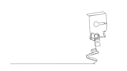 Poster - Animated self drawing of continuous line draw young astronaut carrying heavy padlock on his back. Space company bankruptcy in financial crisis. Cosmonaut outer space. Full length single line animation