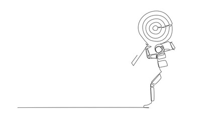 Poster - Animated self drawing of continuous line draw astronaut carrying heavy target on his back. Exhausted to achieve space exploration competition. Cosmonaut outer space. Full length single line animation