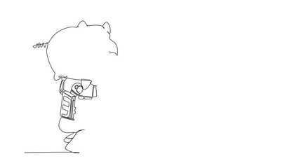 Poster - Animated self drawing of continuous line draw astronaut carrying heavy piggy bank on his back. Broke and financial problems in space industry. Cosmonaut deep space. Full length one line animation