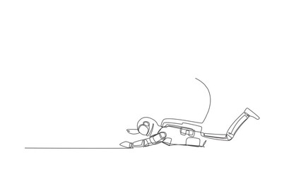 Poster - Self drawing animation of single line draw astronaut under kettlebell burden. Financial crisis in space company. Technology development. Cosmic galaxy space. Continuous line draw. Full length animated