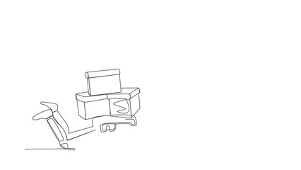 Poster - Self drawing animation of single one line draw of astronaut under pile of box burden in moon. Overworked spaceman with stack of cardboard. Cosmic galaxy space. Continuous line. Full length animated