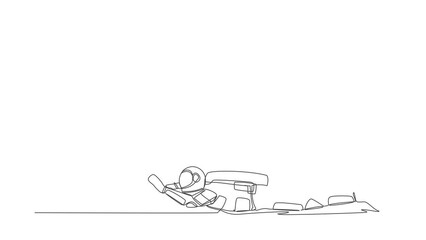 Poster - Animated self drawing of continuous line draw young astronaut under heavy light bulb burden. Uninspired or no idea after business space failure. Cosmonaut deep space. Full length one line animation