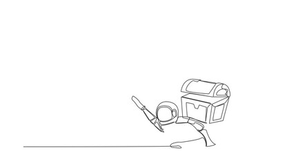 Poster - Animated self drawing of continuous line draw young astronaut under heavy treasure chest burden. Trouble searching for treasure in outer space. Cosmonaut deep space. Full length one line animation