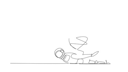 Poster - Self drawing animation of single one line draw astronaut under kettlebell burden. Debt explosion in spaceship company. Technology development. Cosmic galaxy. Continuous line draw. Full length animated