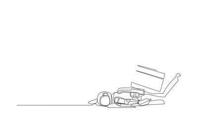 Poster - Animated self drawing of continuous line draw young astronaut under heavy calendar burden. Tired spaceman with expedition problem and deadline. Cosmonaut deep space. Full length one line animation