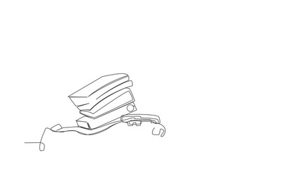 Poster - Animated self drawing of continuous line draw young astronaut under heavy pile paper folder burden. Tired spaceman due to galactic exploration. Cosmonaut outer space. Full length single line animation