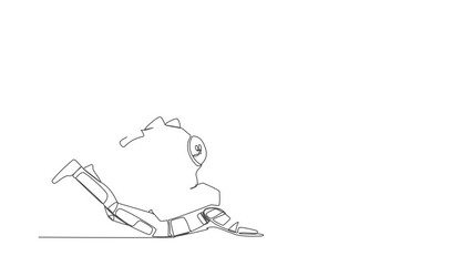 Poster - Self drawing animation of single line draw astronaut under piggy bank burden in moon surface. Broke and financial problems in space industry. Cosmic galaxy space. Continuous line. Full length animated