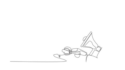 Poster - Self drawing animation of single line draw astronaut under heavy megaphone burden. Conflict and communication trouble in space exploration. Cosmic galaxy space. Continuous line. Full length animated