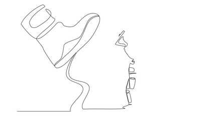 Poster - self drawing animation of single line draw of astronaut speaking with megaphone under giant shoe. bo