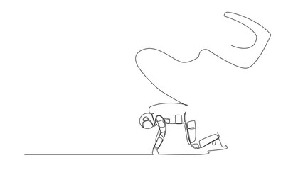 Poster - Animated self drawing of continuous line draw of astronaut crawling under giant foot trample. Spaceman oppressed by the boss with under big shoe. Cosmonaut deep space. Full length one line animation