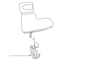 Poster - Animated self drawing of continuous line draw astronaut under giant feet stomping. Violence of dictator toward tiny spaceman, big shoes crush. Cosmonaut outer space. Full length single line animation