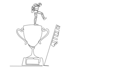 Poster - Animated self drawing of continuous line draw astronaut kick throw colleague off cliff or hill. Eliminate rival coworker. Rivalry and competition. Cosmonaut deep space. Full length one line animation