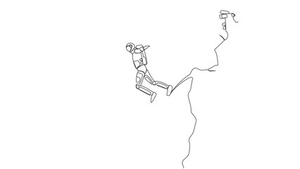 Poster - Animate self drawing of continuous line draw astronaut kick throw colleague off cliff or hill. Eliminate rival coworker. Rivalry and competition. Cosmonaut deep space. Full length one line animation