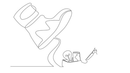 Poster - Animated self drawing of continuous line draw astronaut sitting on the floor near office supplies under big foot stomp. Unemployment, dismissal. Cosmonaut deep space. Full length one line animation
