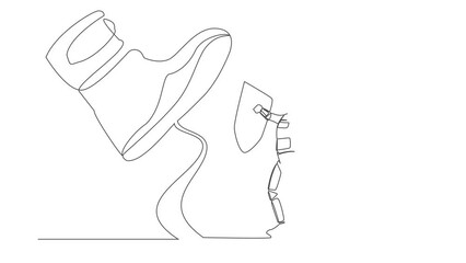 Poster - Self drawing animation of single line draw astronaut fight to giant foot with shield, sword in moon. Spaceman against boss big shoe stomp. Cosmic galaxy space. Continuous line. Full length animated