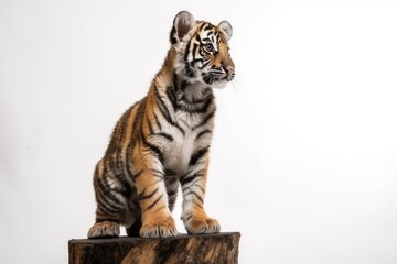 Poster - cute tiger cub perched on a tree stump Generative AI