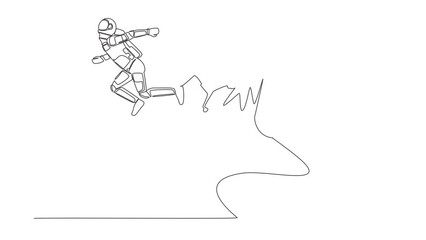 Poster - Animated self drawing of continuous line draw astronaut kicked out by big foot in moon surface. Spaceman kicked away from chair by giant feet. Cosmonaut deep space. Full length one line animation