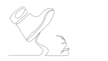 Poster - Animated self drawing of continuous line draw astronaut kneel down under giant feet. Concept for science authority, exploitation, dictator figure. Cosmonaut deep space. Full length one line animation