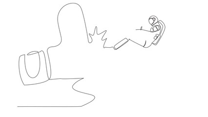 Poster - Self drawing animation of single line draw astronaut kicked out by big foot in moon. Bankruptcy, insolvency. Spaceman become unemployed. Cosmic galaxy space. Continuous line draw. Full length animated
