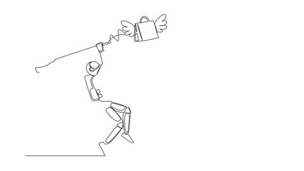 Poster - Animated self drawing of continuous line draw astronaut try to catching flying shopping bag with butterfly net. Spacesuit fashion for spaceman. Cosmonaut outer space. Full length single line animation