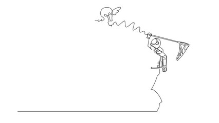 Poster - self drawing animation of single line draw astronaut try to catching flying light bulb with butterfl