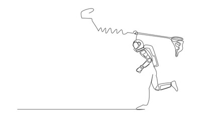 Poster - Self drawing animation of single line draw astronaut try to catching flying book with butterfly net. Study literature for space exploration. Cosmic galaxy space. Continuous line. Full length animated