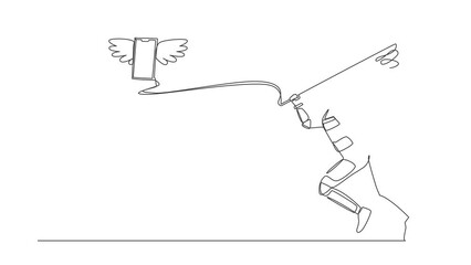 Poster - Animated self drawing of continuous line draw astronaut try to catch flying smartphone with net. Communication or gadget in space control. Cosmonaut outer space. Full length single line animation
