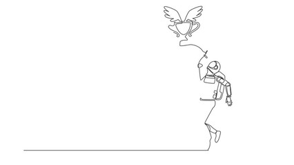 Poster - self drawing animation of single one line draw astronaut try to catching flying trophy with net. vic