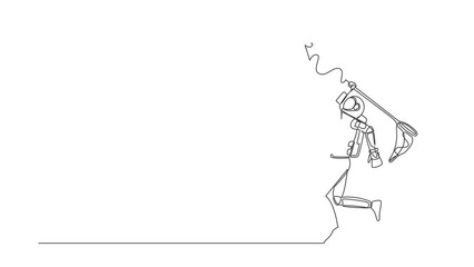 Poster - Animated self drawing of continuous line draw astronaut try to catch flying folder icon with net. Analysis spaceship document, file archive. Cosmonaut outer space. Full length single line animation