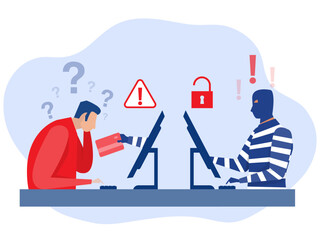 A man on the computer laptop  screen and the scammer stealing a bank card from attack on call or online banking app Scammer,shopping online fraud, scam phone,vector