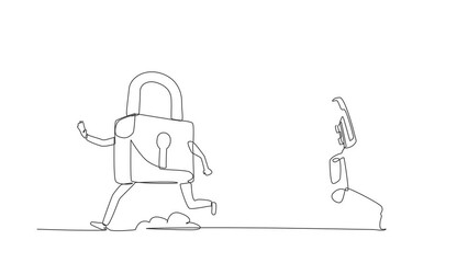 Poster - Animated self drawing of continuous line draw astronaut run chasing padlock in moon surface. Space company security. Spaceship property protection. Cosmonaut deep space. Full length one line animation