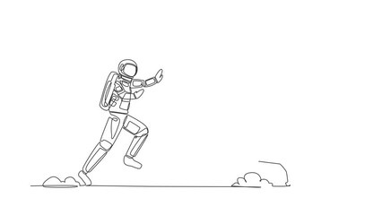 Poster - Self drawing animation of single line draw astronaut run chasing trophy in moon surface. Victory and award for galactic exploration. Cosmic galaxy space concept. Continuous line. Full length animated