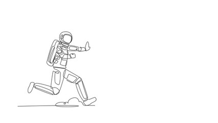 Poster - animated self drawing of continuous line draw of astronaut run chasing wallet in moon surface. digit
