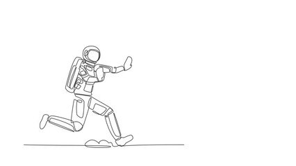 Poster - Animated self drawing of continuous line draw astronaut run chasing dollar symbol in moon surface. Investment in space technology development. Cosmonaut deep space. Full length one line animation