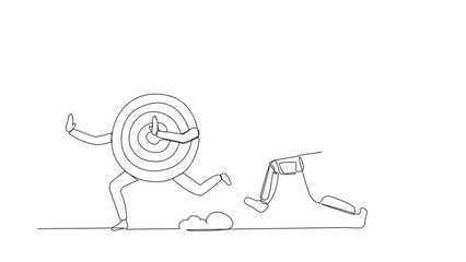 Poster - Animated self drawing of single continuous line draw astronaut run chase dartboard target in moon. Accuracy, precision planning for space missions. Cosmonaut deep space. Full length one line animation