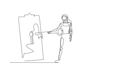 Poster - Self drawing animation of single one line draw of astronaut put key into clipboard. Document or contract for spaceship security protection. Cosmic galaxy space. Continuous line. Full length animated