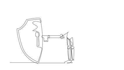 Poster - Animated self drawing of continuous line draw young astronaut put key into shield. Internet security and data protection in spaceship exploration. Cosmonaut deep space. Full length one line animation