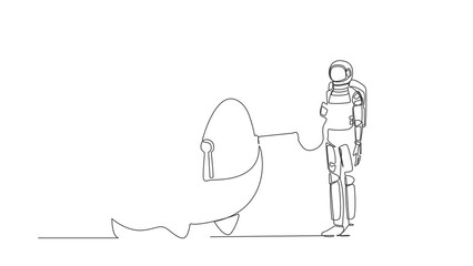 Poster - Animated self drawing of continuous line draw astronaut putting key into piggy bank. Personal saving, money security for spaceship expedition. Cosmonaut outer space. Full length single line animation