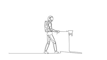 Poster - animated self drawing of continuous line draw astronaut putting key into book. unlock textbook for s