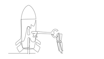 Poster - Animated self drawing of continuous line draw astronaut putting key into rocket. Launching satellite or spaceship galactic expedition. Cosmonaut deep space concept. Full length one line animation