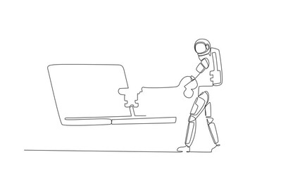 Poster - Self drawing animation of single line draw astronaut putting key into laptop. Protection internet spaceship encryption, access to encrypted data. Cosmic space. Continuous line. Full length animated