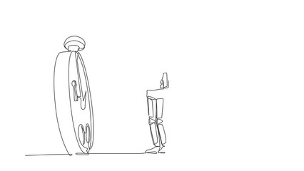 Poster - Animated self drawing of continuous line draw astronaut putting key into stopwatch. Effective planning for productive work in space company. Cosmonaut outer space. Full length single line animation