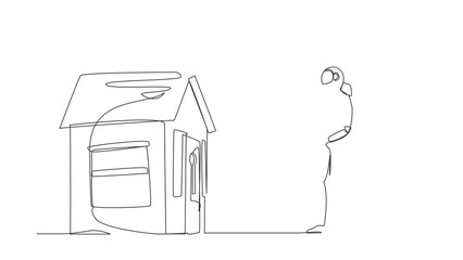 Poster - Animated self drawing of continuous one line draw astronaut putting key into house. Investing money in real estate. Property in outer planet. Cosmonaut outer space. Full length single line animation
