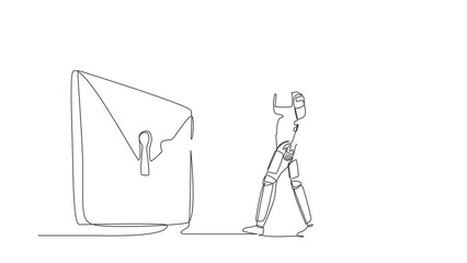 Poster - Animated self drawing of continuous line draw astronaut putting key into mail. Message protection or email security system in spaceship company. Cosmonaut deep space. Full length one line animation