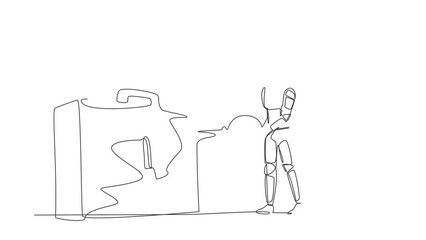 Poster - Self drawing animation of single line draw of astronaut putting key into briefcase. Safety bag for secret space expedition document. Cosmic galaxy space concept. Continuous line. Full length animated
