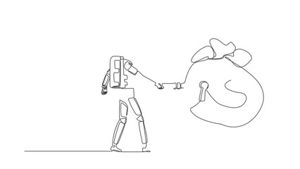 Poster - Animated self drawing of continuous line draw astronaut put big key into money bag. Financial and success investment for spaceship industry. Cosmonaut outer space. Full length single line animation